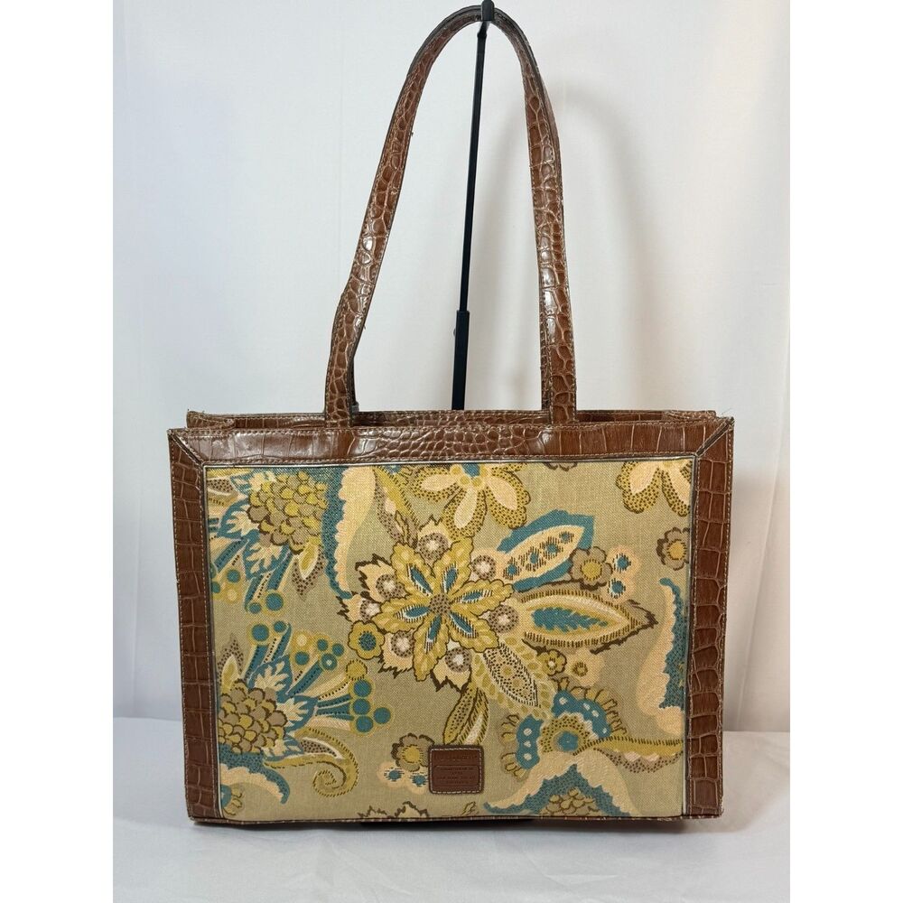 Liz Claiborne Linen Blue Tan Carryall Satchel Faux Croc Trim Floral Summer Bag